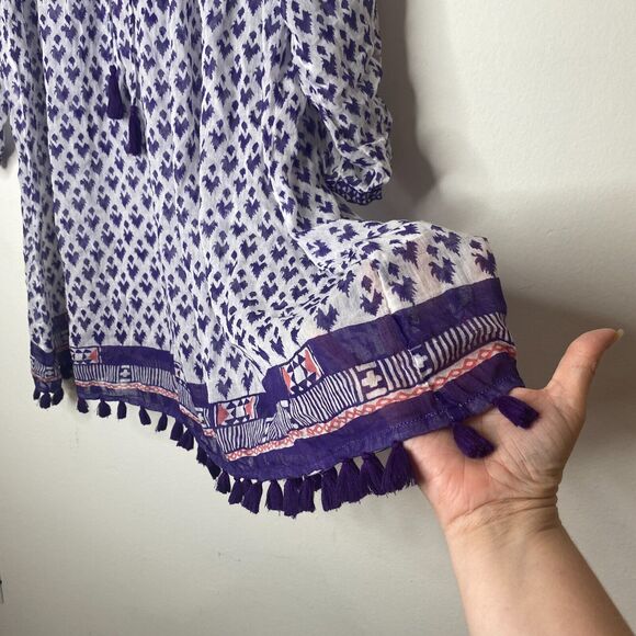 Roberta Roller Rabbit White Purple Sheer Serafina Pom Pom Tunic Top Tie Tassels - Picture 4 of 12